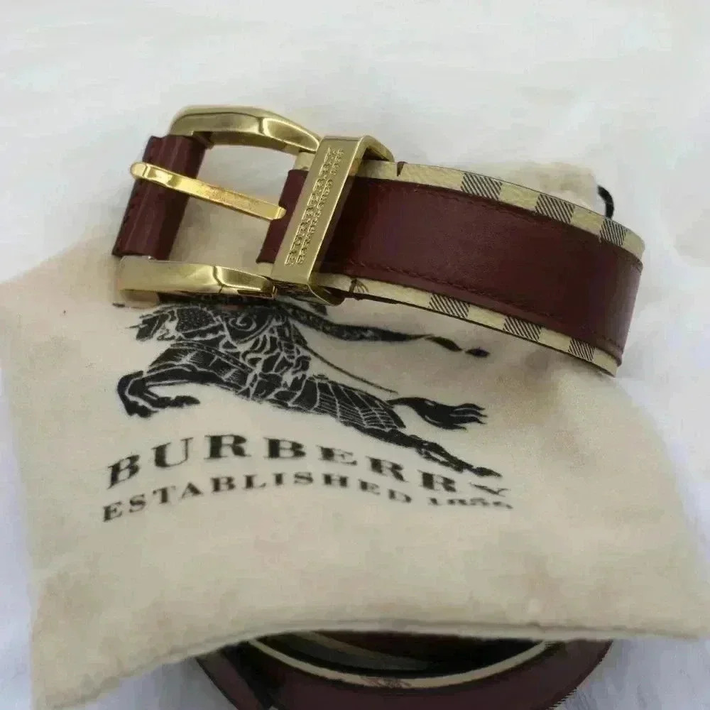 BURBERRY Brown Leather & Coated Plaid  Canvas Belt